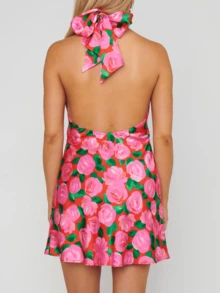 Womens Y2k Floral Print/Solid Color Slim Fit Mini Dress Summer Stylish Halter Neck Sleeveless Open Back Short Dress Fashionable Beack Party Vacation Bodycon Dress - 粉色 - 查看 3