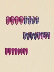 Unhas Falsas Almond de Comprimento Médio para Halloween, Adesivo de Unha com Padrão de Caveira e Chave, Destacável, 24 Peças Roxas, Arte de Unhas, Unhas Y2K, Unhas Postiças Almond, Suprimentos de Unhas para Halloween