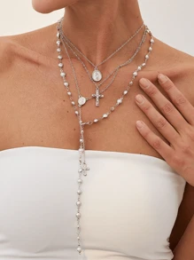 4/3/1 Set modischer, sexy, übertriebener vintage Kreuz, Seestern, Blumen, bunte Perlenimitation, Kristall-Geometrie-Muster Kupfer-Halsketten-Set für Frauen, Strand, Date, Party, Geschenke, alltägliches Styling