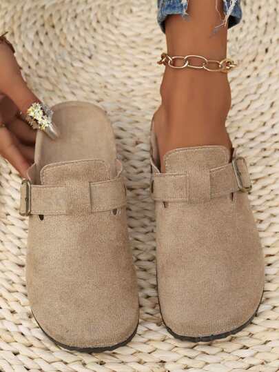 Women's Slip-On Sandals, Comfortable & Fashionable, Khaki Fabric Upper, Metal Buckle Decor, Round Toe, Low Heel, Non-Slip Rubber Sole, Slip-On Closed Toe Sandals With Metal Buckle