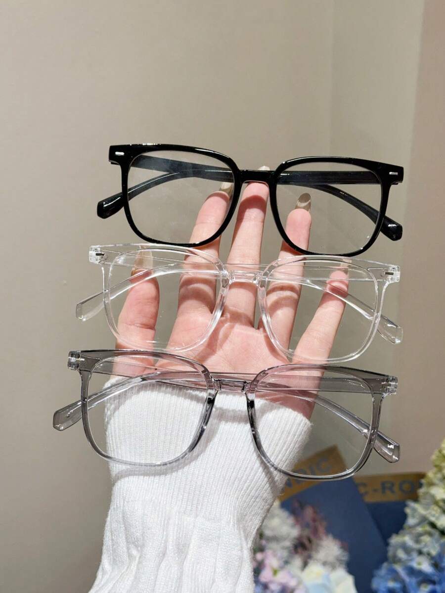 3pcs Square Large Frame Unisex Casual College Style Flat Glasses, Face Flattering - đen/trắng/xám - Xem 1