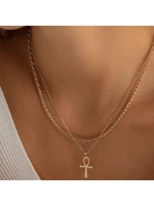 2 件简约扭曲双十字吊坠项链，适合女性日常佩戴、聚会、约会、节日、礼物 - 金色 - 查看 2