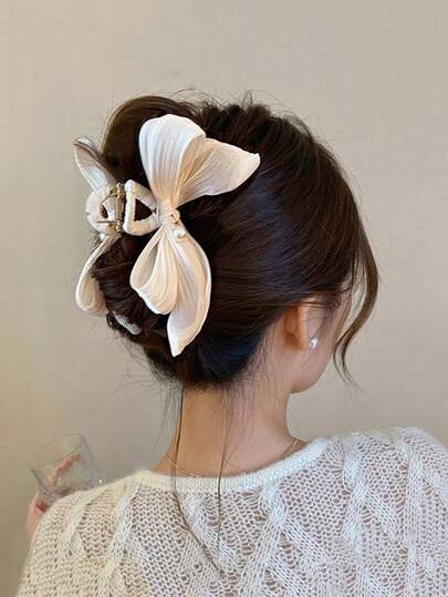 1 pièce Pince à cheveux Scrunchie décoré de faux perles beige, style bohème. Convient pour les cheveux épais et le chignon. Élégant et adapté pour un port quotidien.