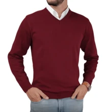 Men's Premium Knit Sweater Blouse, V-Neck - Burgundy - View 1