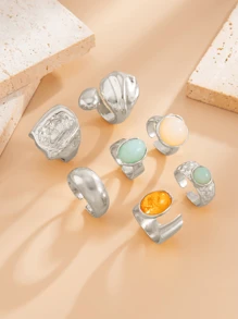 7pcs/Set Geometric Vintage Faux Gemstone Inlaid Asymmetrical Metal Rings Set, Luxurious Everyday Casual Women & Couples Jewelry Rings Gift For Birthday, Holiday