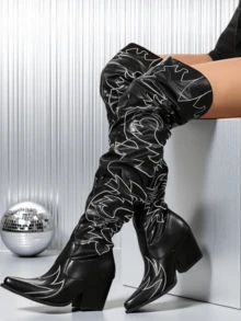 Y2K Style Women's Embroidered Ruched Western Cowgirl Boots Design Sexy Over Knee High Boots Motorcycle Cosplay Party Outdoor Shoes - màu đen - Xem 3