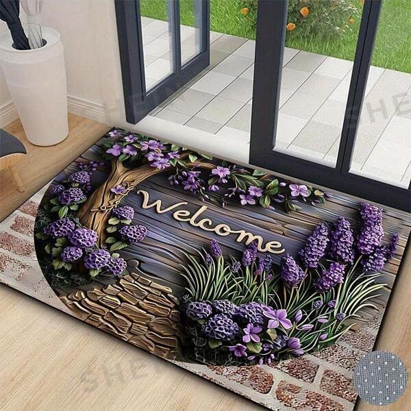 1PC Lavender Welcome Logo Outdoor Entry Mat - Durable Non Slip Entrance Carpet, Crystal Velvet Suitable For Courtyard, Balcony, Living Room, Bathroom - Elegant Home Decor In Multiple Sizes