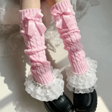 زوج من دفايات الساق المحبوكة بالكابل مع تطريز الدانتيل والفيونكة الوردية لوليتا للنساء، هدية عيد الميلاد - وردي - مشاهدة 5