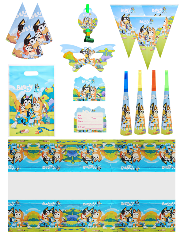 Bluey Blueys Family And Friends Party Dress Up Favor Supplies Set Decorative Flags Paper Hats Mask Blowing Toys Trumpet Invitation Gift Bag Cards Party Decoration Accessories Colorful Designs For Birthdays Graduation Celebrations Wedding