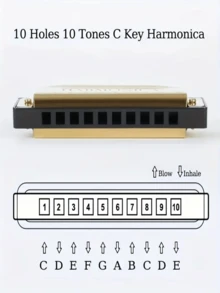 1pc 10-Hole Blues Harmonica, Durable Metal C-Key Harmonica With Polished Effect - Includes Protective Case, Ideal For Beginners, Available In Black And Gold - Multicolor - View 8