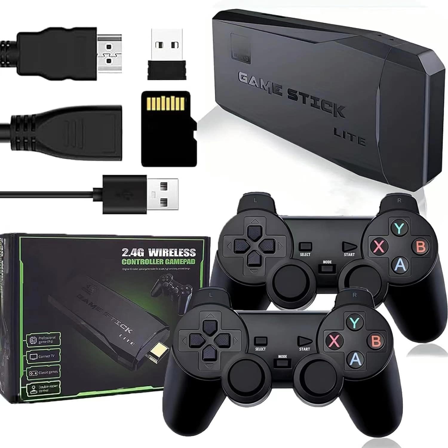 Retro Arcade Console Stick With 20,000 Classic Games, 2 M8 HDMI Wireless Controllers, 64GB Mini Portable Console, 4K Compatible, Most Popular Games Of The 90s - Black - View 1