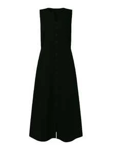 Ladies Elegant Party Sun Dress Dark Green/Black/Rose Red/Camel, Fashion V-Neck Sleeveless Pocket A-Line Dress-Suitable For Casual-Out-Party-Daily Commute - Black - View 2