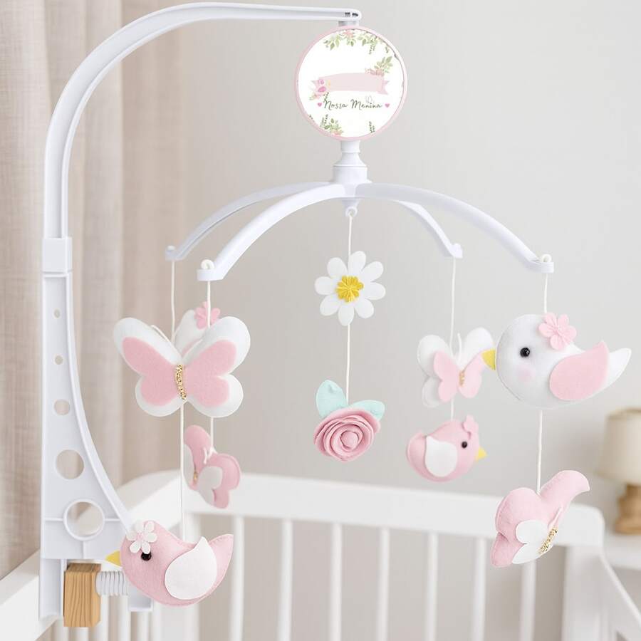 Mobile GIRATÓRIO E  Musical  giratório Brinquedo para Berço Borboleta Passaros - Rosa chiclete - Visão 1