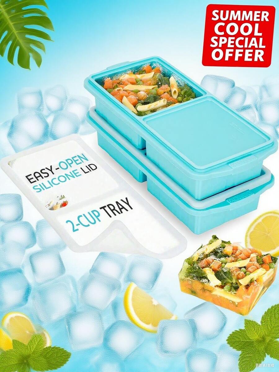Silicone Freezer Tray With Lid-Soup Freezer Container Molds-2-Cup Extra Large Ice Cube Tray-Makes 4 Perfect 500ml Portions Cubes, For Freezing Soup,Stews,Sauces.Oven&Dishwasher-(2-Pack)