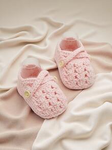 1 Pair Handmade Crochet Infant Shoes, Light Purple Color With Button Decor, Infant Size - Baby Pink - View 5