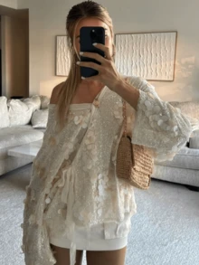 Women's Sequin Knitted Cardigan Tie-Front Long Sleeve Elegant Sparkly Fall Jacket For Club Party Streetwear - trắng - Xem 1