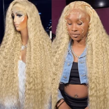 613 Honey Blonde 13x6 HD Lace Frontal Wig Human Hair Curly 40 Inch Deep Wave Brazilian Hair 250% Density Lace Front Wigs For Women - Blonde - View 2