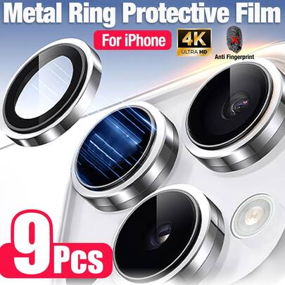 Yezodawee 9片装相机镜头保护膜，兼容 17 Pro Max、17 Pro、17 Air、17、16 Pro Max - 超耐用高清独立镜头膜，防刮擦，超薄钢化玻璃镜头盖，9H钢化玻璃金属相机屏幕保护膜，防震镜头环 - 银色