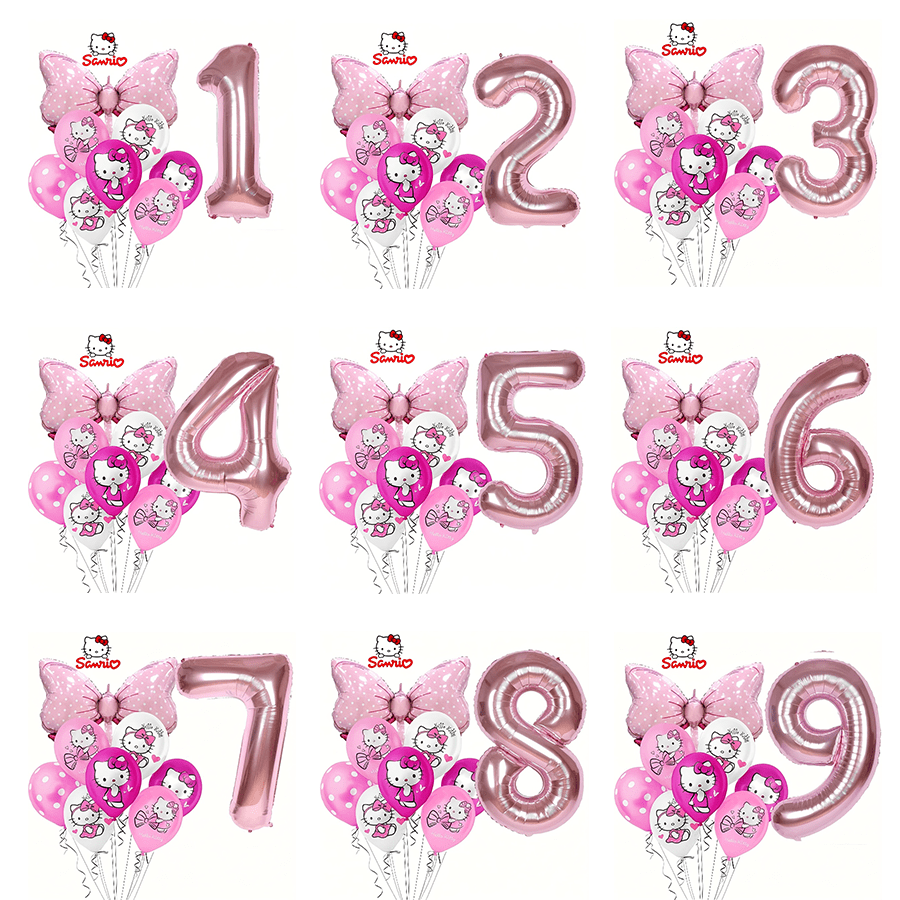 Sanrio 11 قطعة من سلسلة سانريو هالو كيتي، بالونات وردية مطبوعة بشعار هالو كيتي، بالونات وردية بشكل فيونكة وأرقام، مجموعة لحفلة عيد الميلاد العائلية