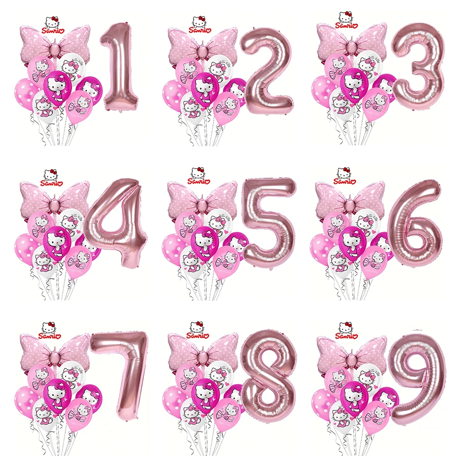 11 قطعة من سلسلة سانريو هالو كيتي، بالونات وردية مطبوعة بشعار هالو كيتي، بالونات وردية بشكل فيونكة وأرقام، مجموعة لحفلة عيد الميلاد العائلية