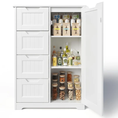 Despensa de cocina con puerta y estantes, armario pequeño comedor, armario baño independiente de madera con 4 cajones,60x30x85cm, color blanco