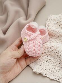 1 Pair Handmade Crochet Infant Shoes, Light Purple Color With Button Decor, Infant Size - Baby Pink - View 2