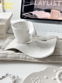 1 Set Asymmetrical Wavy Ceramic Cup & Saucer, Unique Personalized, Free Style Coffee Cup & Saucer Set, American Afternoon Tea Dessert Cup & Saucer Set, Minimalist High Aesthetics Practical Gift, Suitable For Restaurant, Living Room, Gift Giving, Cafe - White - View 6