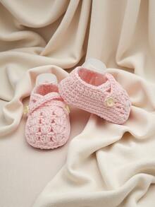 1 Pair Handmade Crochet Infant Shoes, Light Purple Color With Button Decor, Infant Size - Baby Pink - View 6