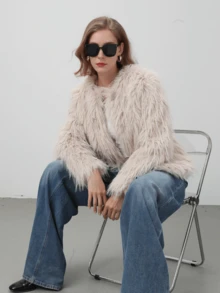 HZXVIC 女士时尚气质奢华仿皮草外套女式高端感修身上衣 - 米色 - 查看 3