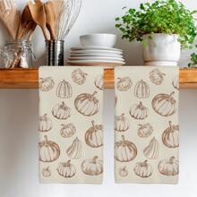 2 件简约秋季南瓜图案厨房毛巾，柔软涤纶材质洗碗布，适用于厨房装饰、清洁、节日派对装饰、厨房和浴室必需品、家居装饰、乔迁礼物