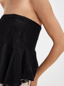 Women's Lace Floral Embroidery Tube Top Strapless Off Shoulder Ruffle Hem Babydoll Flowy Bandeau Tops Summer Sleeveless Backless Cute Cami Vest Sweet Going Out Tops Shirts Vintage Aesthetic Clothes Streetwear - 黑色 - 查看 4