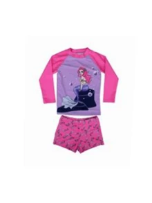 Conjunto de traje de baño de dos piezas para niñas de 4 a 10 años, una elección ideal para la playa en verano. Cuenta con un diseño de manga larga para protección solar, adornado con encantadores patrones infantiles de sirenas. Fabricado con tela suave, su estilo es casual y cotidiano, logrando que las niñas luzcan adorables y se sientan completamente cómodas. Este conjunto de traje de baño de dos piezas es perfecto para disfrutar de los días en la playa. - Rosa Fucsia - Ver 2