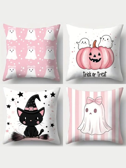 Juego de 4 fundas de almohada decorativas de Halloween, lavables a mano, con estampado de calabaza, fantasma y gato, funda de almohada cuadrada con cremallera para exteriores, sala de estar, dormitorio, decoración del hogar, sofá, decoración de fiestas, 100% poliéster - 45cm X 45cm/17.7x17.7 pulgadas (sin relleno de almohada), decoración de otoño, decoración de otoño, decoración de habitación