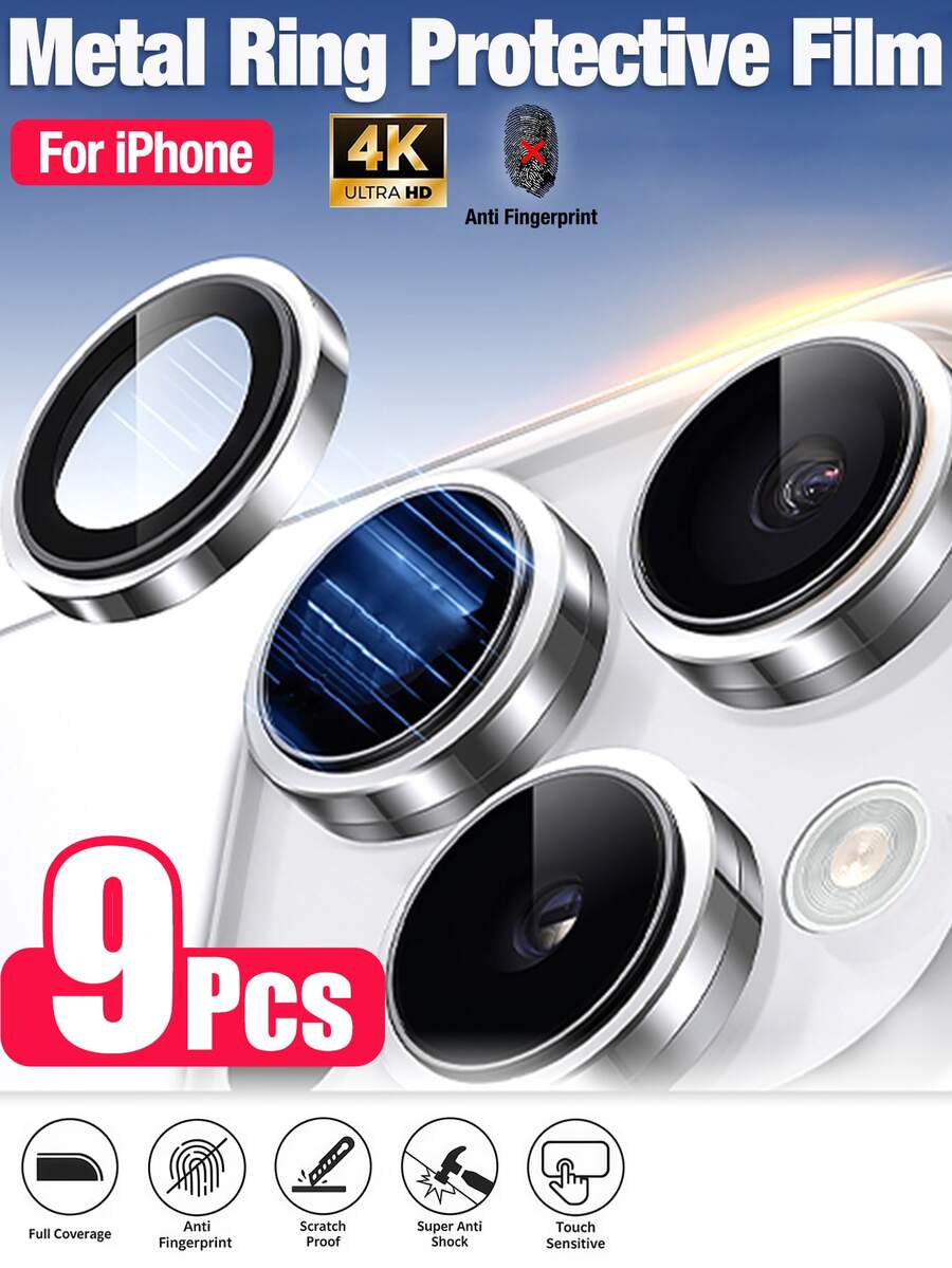 Yezodawee Bộ 9 miếng dán bảo vệ ống kính camera tương thích với iPhone 17 Pro Max, 17 Pro, 17 Air, 17, 16 Pro Max - Màng bảo vệ ống kính HD siêu bền, chống trầy xước, kính cường lực siêu mỏng, miếng dán bảo vệ màn hình camera bằng kính cường lực 9H và kim loại, vòng chống sốc cho ống kính - Màu bạc - 9 chiếc - Xem 1