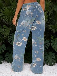 新款女式印花破洞阔腿百搭休闲街头风牛仔裤 - 中等水洗藍 - 查看 2