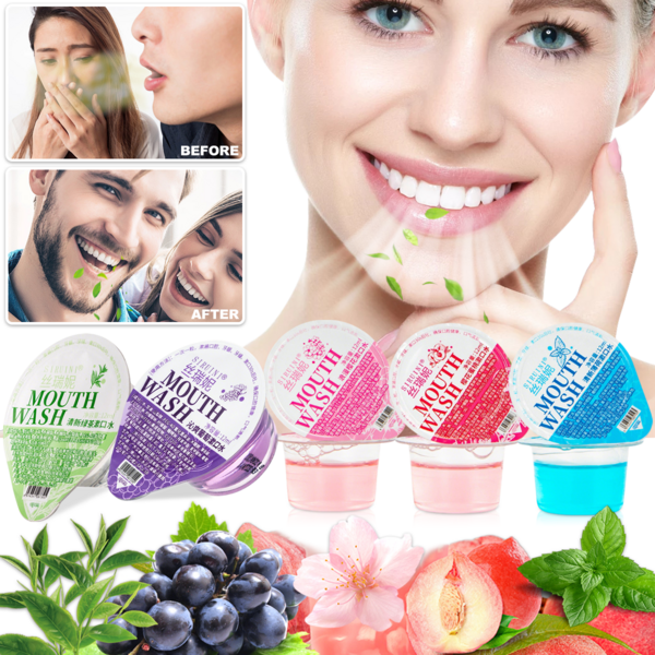 1/5/10/20/40支装果冻杯漱口水，葡萄/薄荷/樱花/绿茶口味，独立包装，清新口气，深层清洁，美白牙齿，去除牙渍，一次性便携漱口水，适合酒店批发