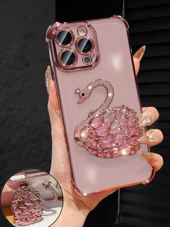 Luxury Electroplated Clear Pink Phone Case With Creative Swan Stand Holder, Rhinestone Glitter Sparkle Y2k Style, Drop-Resistant, Anti-Drop,Summer New Fashion Silicone Shockproof Protective Soft Cover Compatible With IPhone 16 16e 15 14 13 12 11 X XS XR 8 7 Plus Pro Max Mini, Samgsung Galaxy S24 S25 Ultra, Compatible With Xiaomi Redmi, Compatible With Huawei Honor OPPO Reno MOTO Infinix Women 2025
