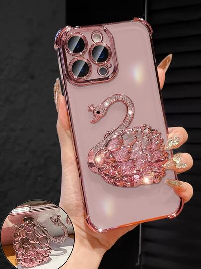 MewTrek Luxury Electroplated Transparent Pink Phone Case, Creative Swan Holder, Sparkling Rhinestones, Shockproof, Summer New Fashion Silicone Soft Shell, Compatible With Iphone 16/16E/15/14/13/12/11/X/XS/XR/8/7 Plus/Pro/Max/Mini, Galaxy S24/S25 Ultra, Compatible With Xiaomi, Honor, Reno, MOTO Women 2025