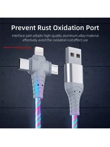 3-In-1 LED Illuminated Fast Charging Cable | Braided USB-C To Lightning/Micro USB | Compatible With 16/15 Series Super Fast Charger, Galaxy, Universal Travel/Home/Office Data Cable, Christmas Gift/Gift For Family - Blue - View 6