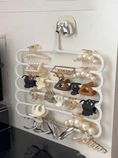 Wall-Mounted Five-Layer Hair Accessory Storage Rack, Multifunctional Non-Slip Design For Dormitory Wardrobes, Integrated Clip, Headband, Scarf, And Pants Holder, A Practical Tool For Parties, Weddings, And Back-To-School Season.