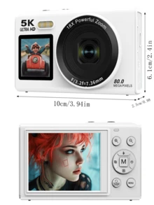 5K 高清视频、80MP 摄像头、自动对焦、16 倍光学变焦、2.8 英寸 IPS 屏幕、可充电电池、兼容网络摄像头(Win7+)、双高清显示屏、充电和录制、定时/连拍、微笑捕捉、美颜、LED 补光灯、18 倍数码变焦、内置 WiFi 传输。适合旅行、度假、礼物 - 彩色 - 查看 4