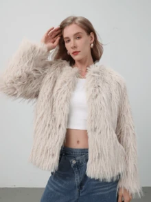 HZXVIC 女士时尚气质奢华仿皮草外套女式高端感修身上衣 - 米色 - 查看 6