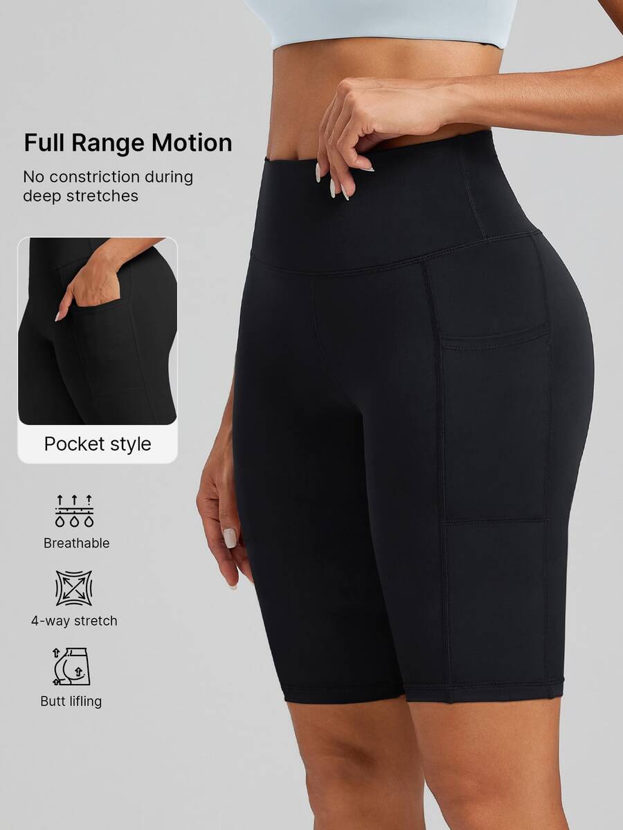 1 pieza Mallas moldeadoras de cintura alta para mujer, shorts de ciclismo, shorts deportivos, shorts para el verano, ropa deportiva con bolsillos, tela elástica transpirable y que absorbe la humedad para gimnasio, deportes al aire libre, yoga, pilates, trotar, ciclismo - Negro - Ver 1