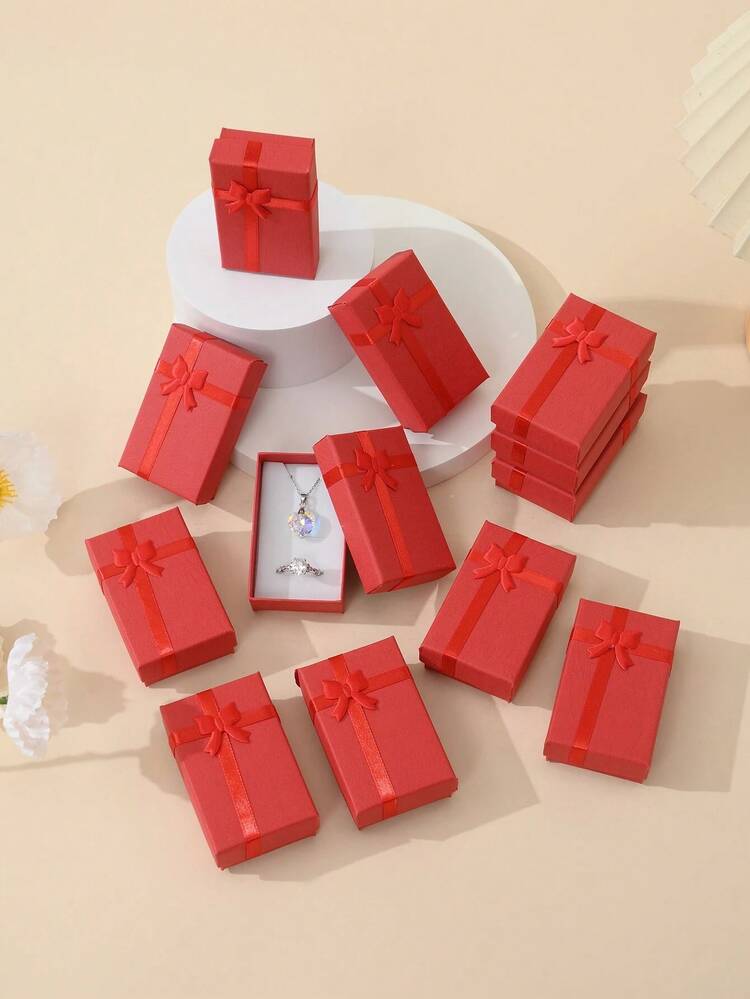 12pcs Necklace Earring Ring Bracelet Paper Gift Box Set, Ribbon Packaging Box, Wedding Decor, Most Cost-Effective, Small Business Supplies, Packaging Box, Wedding Decor, Wedding, Gift Box, Wedding Supplies - Red - View 2
