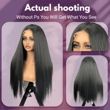 Yaki 直发 200% 密度，含婴儿头发 24 英寸，适合初学者，透明预拔蕾丝前假发 13x4 蕾丝前假发，预拔漂白结 Yaki 直发假发 - 自然色&黑色系 - 查看 5