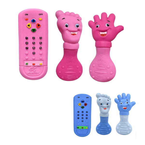 Kit Mordedor Bebê Super Macio Anti Stress Gengiva Controle + Mãozinha + Pezinho Azul e Rosa