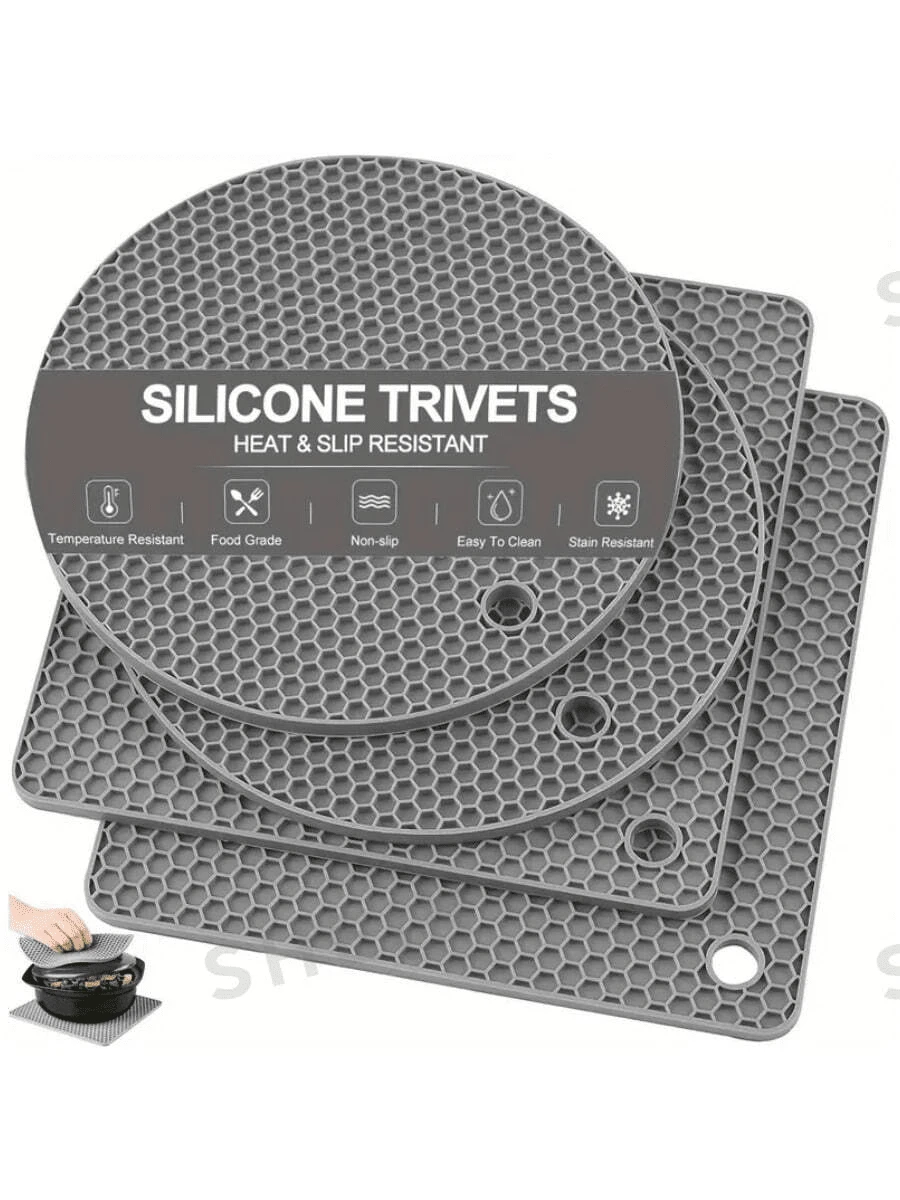 Bộ 2/4 tấm lót bàn màu xám, gói 4 tấm, tấm lót silicon đa năng chịu nhiệt, dùng cho lò vi sóng, tấm lót bếp, tấm lót bếp điện, thích hợp cho nồi lẩu, bát đĩa, mặt bàn bếp.