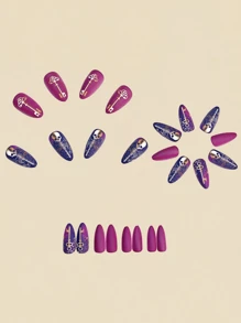 Unhas Falsas Almond de Comprimento Médio para Halloween, Adesivo de Unha com Padrão de Caveira e Chave, Destacável, 24 Peças Roxas, Arte de Unhas, Unhas Y2K, Unhas Postiças Almond, Suprimentos de Unhas para Halloween