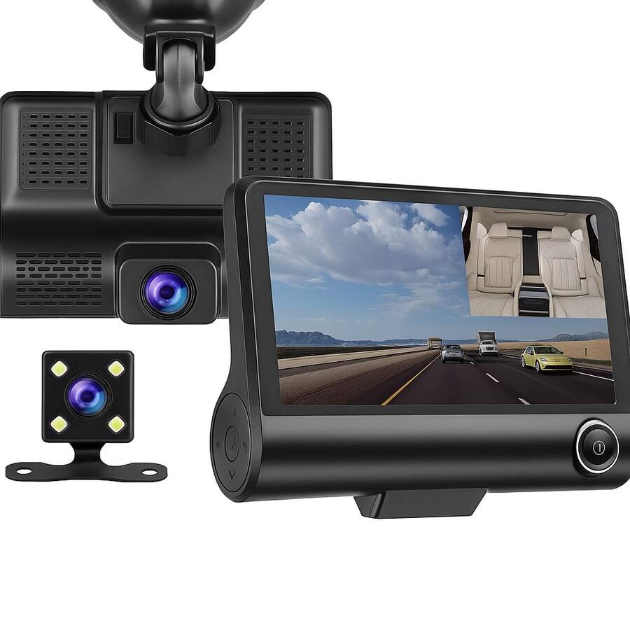 Cámara de reversa para auto con pantalla HD de 4.3" y triple lente, cámara frontal, trasera e interior con visión nocturna, grabación en bucle, sensor de movimiento y detección de colisiones, dash cam para coche, cámara DVR de coche con gran angular, grabación simultánea 3 en 1, cámara de seguridad vehicular con soporte para tarjeta microSD hasta 32 GB (opcional), cámara de vigilancia para automóvil, cámara de auto con pantalla LCD, cámara para carro con visión trasera y frontal, cámara de manejo con visión nocturna y sensor G, cámara para estacionarse, sistema de asistencia de estacionamiento, grabación continua con encendido automático, cámara para auto con visión interior para chofer y pasajeros, dashcam Full HD 1080p, cámara de tablero para carro, cámara triple para coche particular, taxi o cámara antirrobo para auto, grabadora de conducción con audio, cámara con gran cobertura y fácil instalación. - Gris - Ver 1