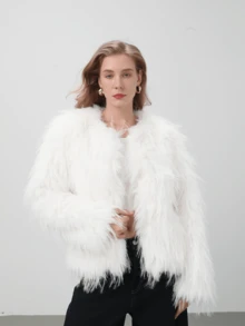 HZXVIC 女士时尚气质奢华仿皮草外套女式高端感修身上衣 - 白色 - 查看 6
